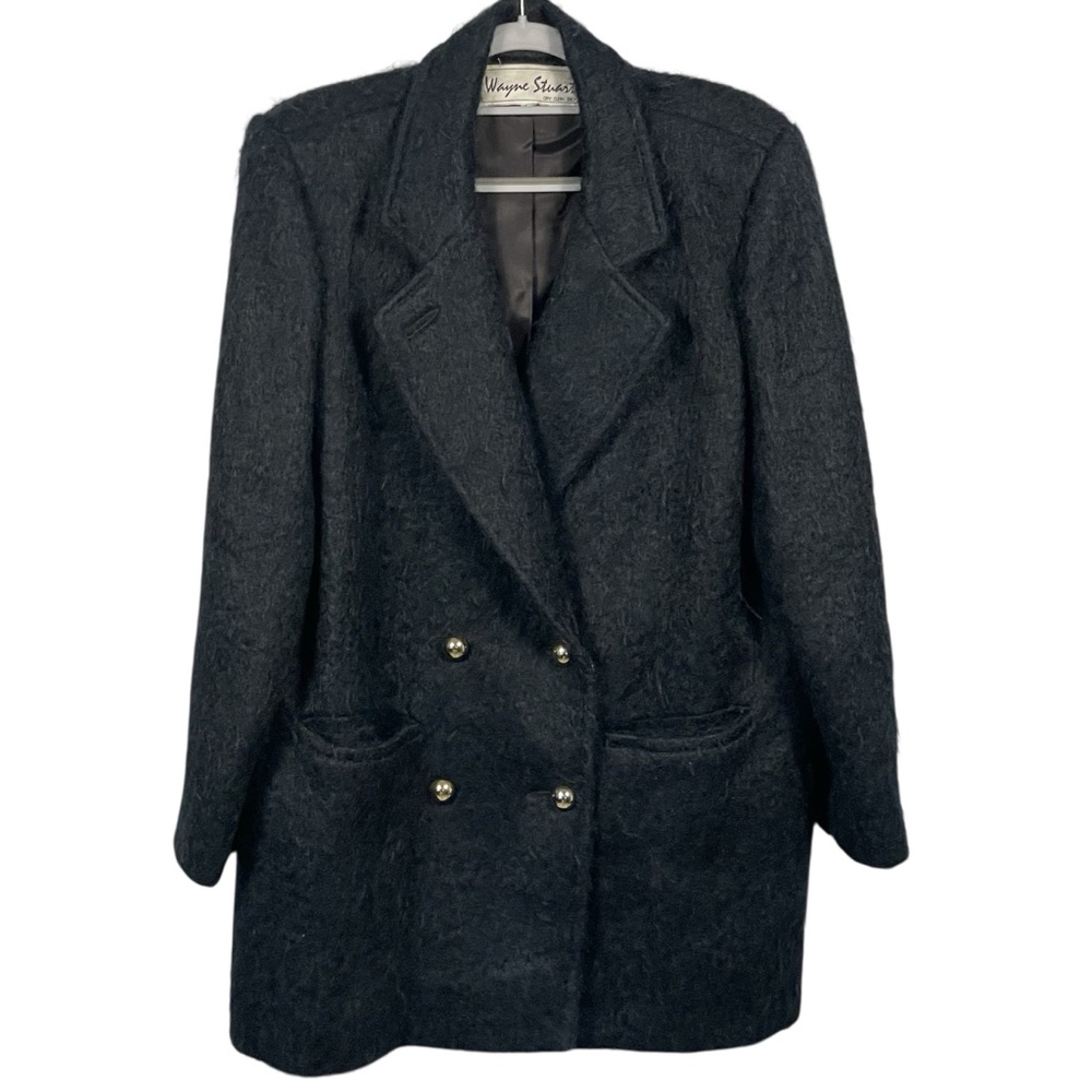 Wayne Stuart Black Mohair Wool Double Breasted Gold Button Jacket Blazer Sz 10